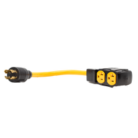 A FIRMAN Power Equipment Heavy Duty L14-30P to (4) 5-20R Short Power Cord With Attachment Clips with a three-prong plug on one end and two yellow-outlined 5-20R sockets on the other end.
