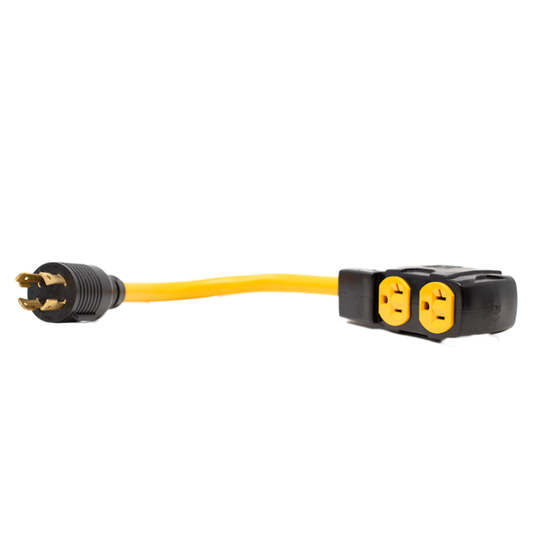 A FIRMAN Power Equipment Heavy Duty L14-30P to (4) 5-20R Short Power Cord With Attachment Clips with a three-prong plug on one end and two yellow-outlined 5-20R sockets on the other end.