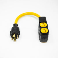 A FIRMAN Power Equipment Heavy Duty L14-30P to (4) 5-20R Short Power Cord With Attachment Clips with a three-prong male plug on one end and two 5-20R female sockets on the other, isolated on a white background.