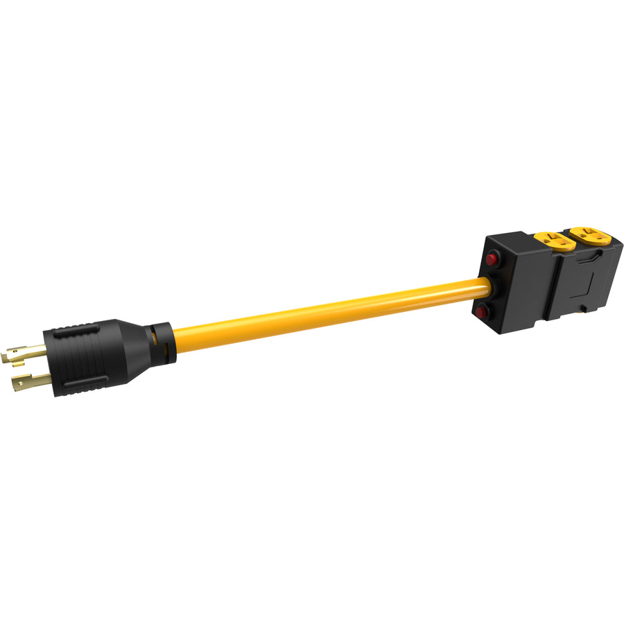 A FIRMAN Power Equipment Heavy Duty L14-30P to (4) 5-20R Short Power Cord With Attachment Clips features a yellow electrical power cord with a black plug (L14-30P) on one end and two yellow outlets (5-20R) on the other end.
