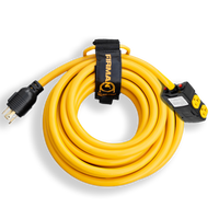 Coiled yellow FIRMAN Power Equipment heavy-duty extension cord with a black handle and an L14-30P plug on one end and a 5-20R four-outlet receptacle on the other.