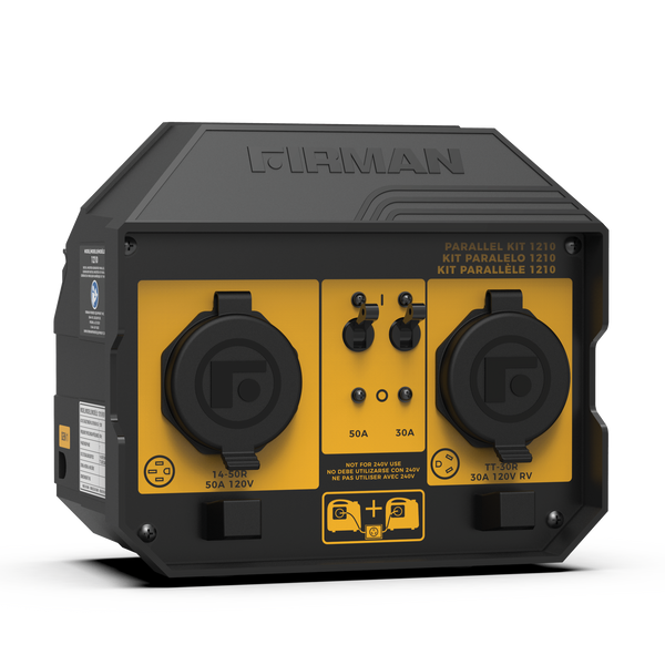 A portable FIRMAN Power Equipment generator featuring a yellow and black color scheme, with various outputs and control dials visible on its panel.