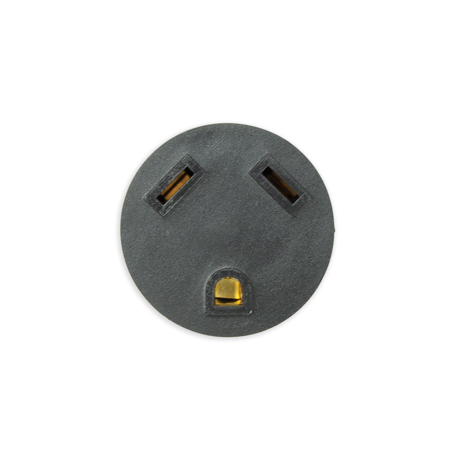 A close-up view of a standard black Australian power outlet with three slots, featuring a FIRMAN Power Equipment L5-30P to TT-30R adapter, isolated on a black background.