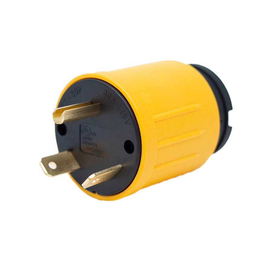 Yellow FIRMAN Power Equipment TT-30P to L5-30R Adapter with metal pins and labeling, isolated on a light background.