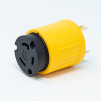A yellow FIRMAN Power Equipment TT-30P to L5-30R adapter with a black socket on a white background.