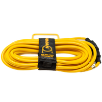 A coiled yellow FIRMAN Power Equipment 25' Heavy Duty 5-15P to 5-15R Generator Utility Power Cord with a black storage strap and a branded label.
