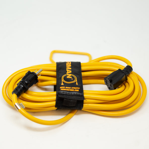 The FIRMAN Power Equipment 25ft Heavy Duty 5-15P to 5-15R Generator Utility Power Cord features a yellow coiled design, black plug and socket, and a branded storage strap—perfect as an outdoor generator extension cord, shown on a white background.
