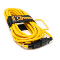 A coiled yellow FIRMAN Power Equipment 25' Heavy Duty 5-15P to 5-15R Generator Utility Power Cord with a black plug, secured with a storage strap, isolated on a white background.
