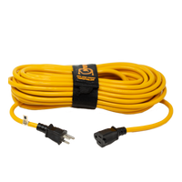 A coiled yellow FIRMAN Power Equipment 50' Medium Duty 5-15P to 5-15R Generator Utility Power Cord with a velcro storage strap, featuring a three-prong plug on one end and a single socket on the other.