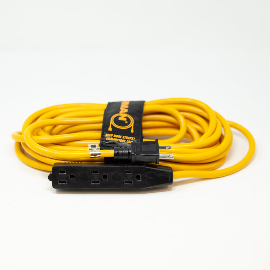 A yellow FIRMAN Power Equipment 25' Medium Duty 5-15P to (3) 5-15R Generator Utility Power Cord With Storage Strap, neatly coiled and secured with a storage strap, isolated on a white background.