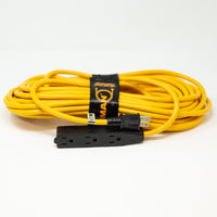Coiled yellow FIRMAN Power Equipment 50' Medium Duty 5-15P to (3) 5-15R Generator Utility Power Cord With Storage Strap against a white background.