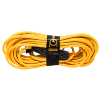 Coiled yellow FIRMAN Power Equipment 50' Medium Duty 5-15P to (3) 5-15R Generator Utility Power Cord secured with a black storage strap featuring a logo, isolated on a white background.