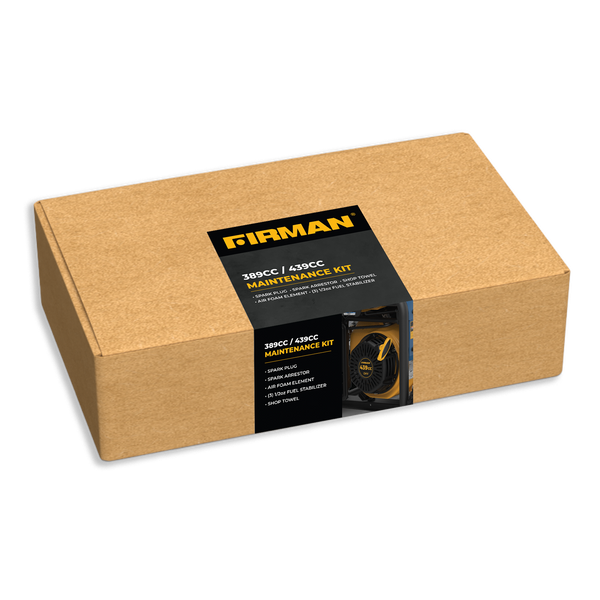 A FIRMAN Power Equipment 389cc/439cc Maintenance Kit cardboard box for 389cc/439cc generator engines with a labeled black sticker showing kit contents, including a tool pouch, instruction manual, and oil funnel.