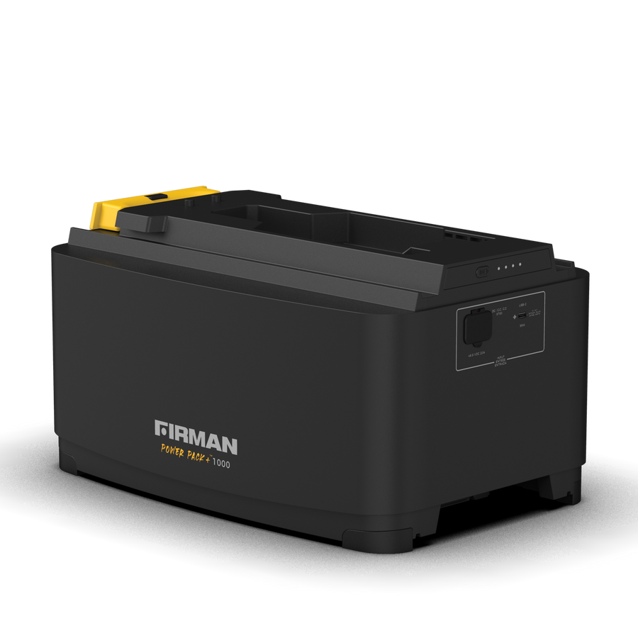 Portable black FIRMAN Power Pack +1000 battery generator featuring sustainable technology, on a white background.