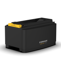 Black FIRMAN Power Pack +1000 portable generator with a yellow handle, model P01202 featuring sustainable technology, on a transparent background.