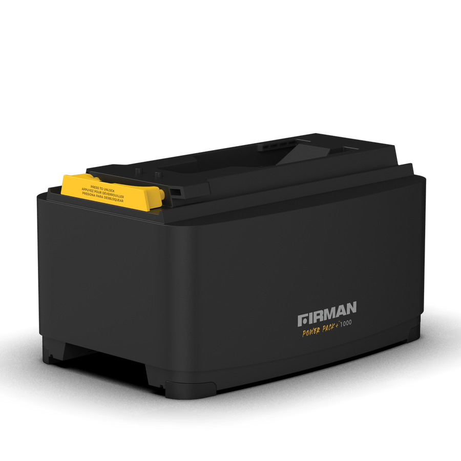 Black FIRMAN Power Pack +1000 portable generator with a yellow handle, model P01202 featuring sustainable technology, on a transparent background.