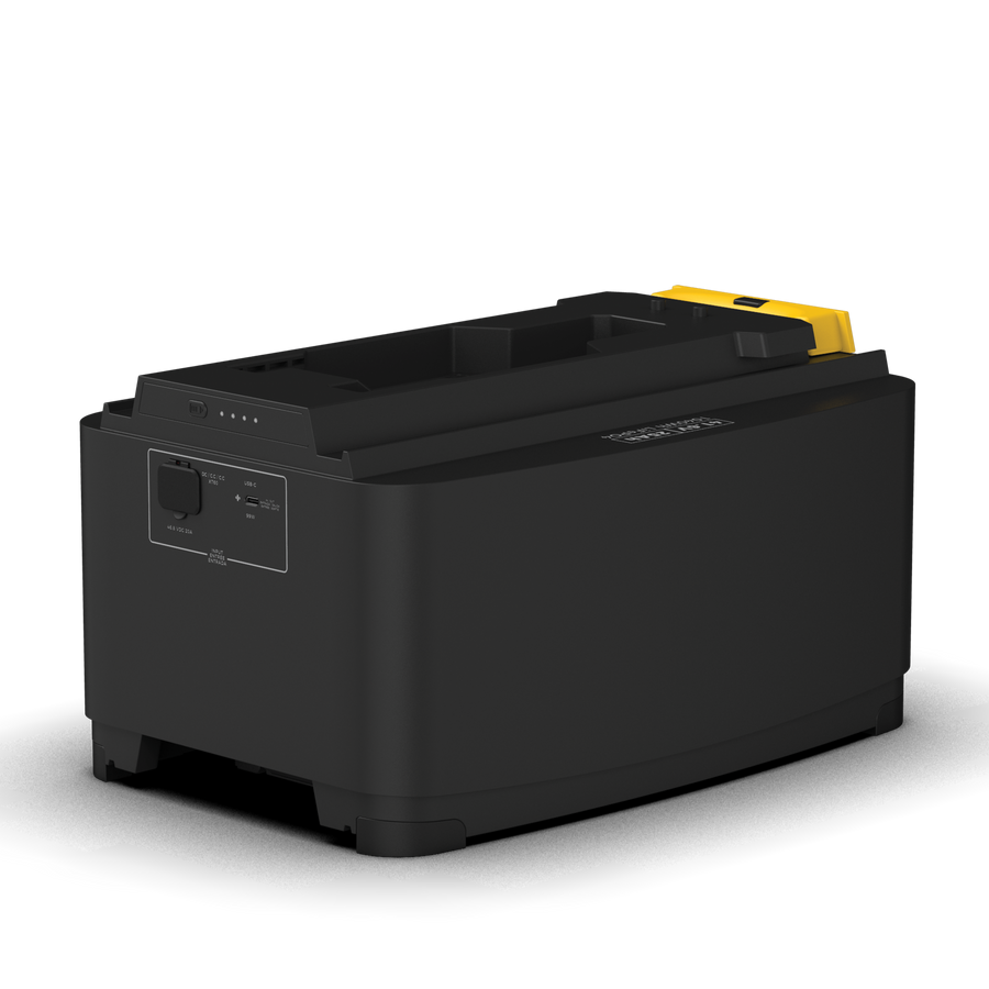 A modern black FIRMAN Power Pack +1000 industrial printer with a top yellow handle and a side control panel featuring sustainable technology.