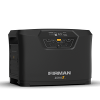 A black FIRMAN Zero E Portable Expandable Power Station with a digital display, several output ports, and a prominent logo on the front now incorporates lithium iron phosphate for enhanced durability and safety.