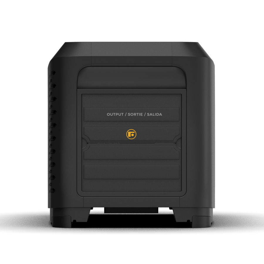 Black Zero E Portable Expandable Power Station with labeled "output" compartment and a lock symbol on the front.