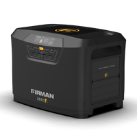 A modern FIRMAN Power Equipment Zero E Portable Expandable Power Station, featuring a digital display and control panel, housed in a sturdy black casing with expandable slide locking technology.