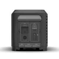 Rear view of a modern, black Zero E Portable Expandable Power Station by FIRMAN Power Equipment featuring various ports, labels, and ventilation slots.