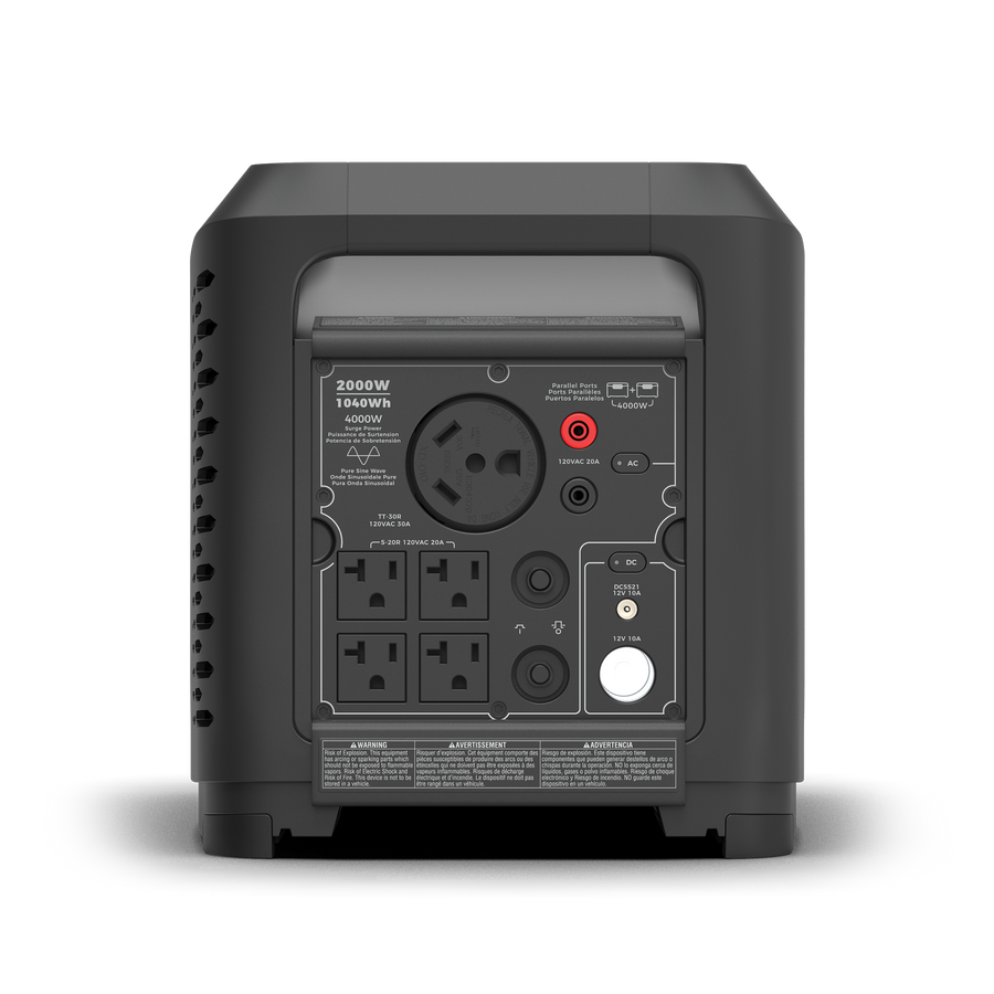 Portable Zero E Portable Expandable Power Station with various outlets, control switches, and LED indicators visible on its rear panel.