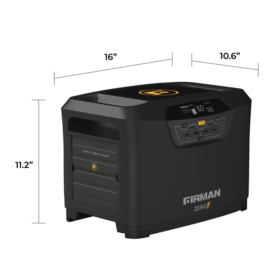 A Zero E Portable Expandable Power Station from FIRMAN Power Equipment, displaying its dimensions: 16 inches wide, 10.6 inches deep, and 11.2 inches high.