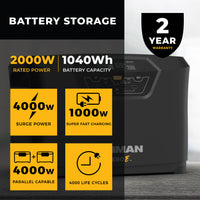 Promotional image of a black FIRMAN Power Equipment Zero E Portable Expandable Power Station with expandable slide locking technology, capacity and power specifications, featuring a two-year warranty badge.