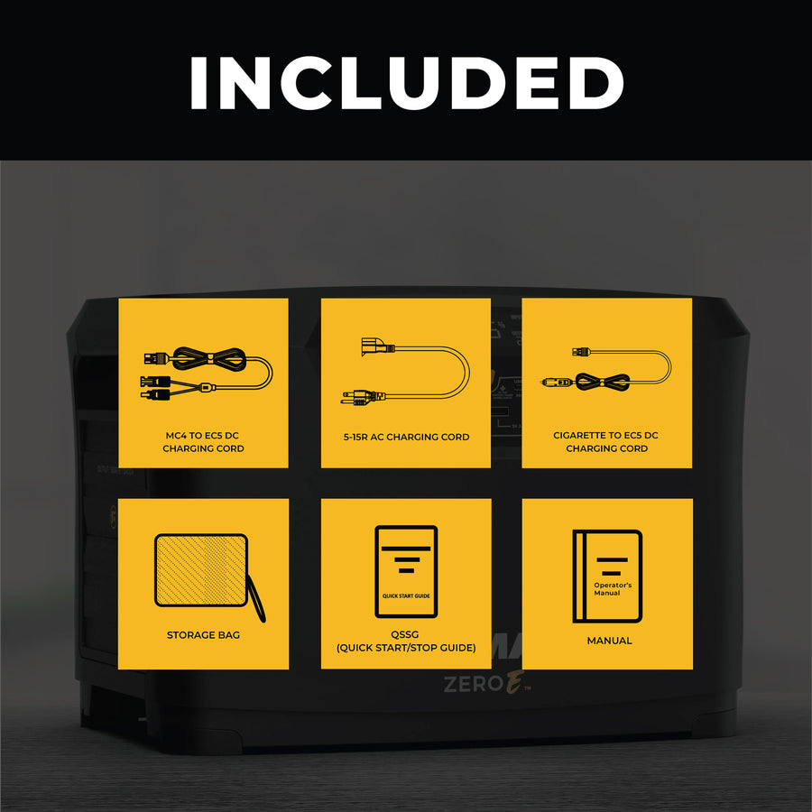 Graphic depicting items included with a Zero E Portable Expandable Power Station from FIRMAN Power Equipment, featuring icons for various types of charging cords, a storage bag, a quick start guide, and a manual, all on a black background
