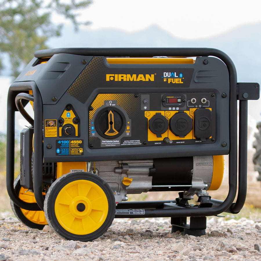 A FIRMAN Power Equipment Dual Fuel Portable Generator 3650W Recoil Start, featuring a sturdy black and yellow design with multiple power outlets and control dials, set outdoors.