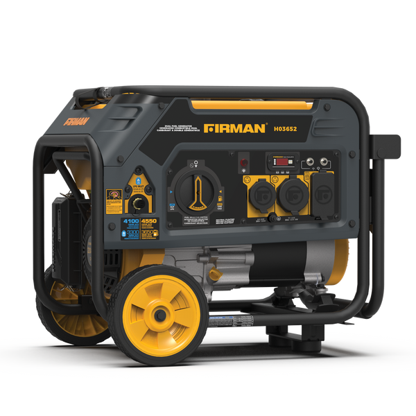 Portable FIRMAN Power Equipment H03652 Dual Fuel Portable Generator 3650W Recoil Start with yellow and black details, featuring multiple outlets and a digital display on a white background.