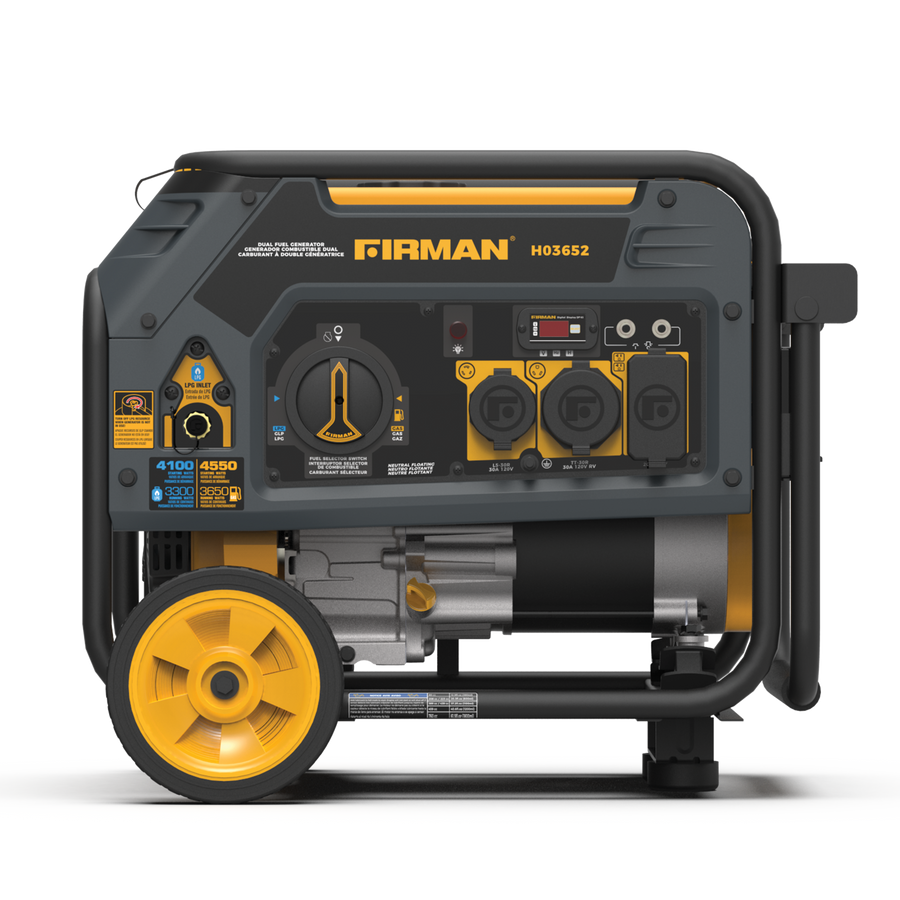 Black and yellow FIRMAN Power Equipment Dual Fuel Portable Generator 3650W Recoil Start on wheels, featuring various outlets and control panel visible on its side.