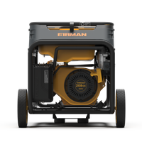 Front view of a FIRMAN Power Equipment H03652 dual fuel portable generator with wheels, featuring a large yellow and black engine casing.