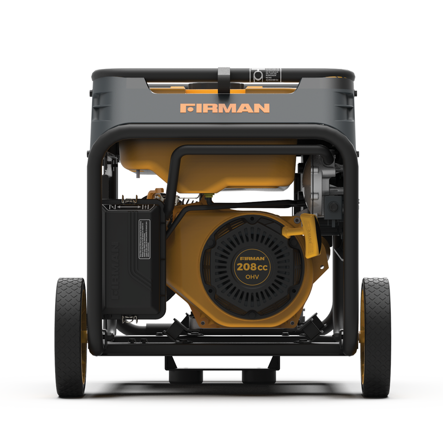 Front view of a FIRMAN Power Equipment H03652 dual fuel portable generator with wheels, featuring a large yellow and black engine casing.
