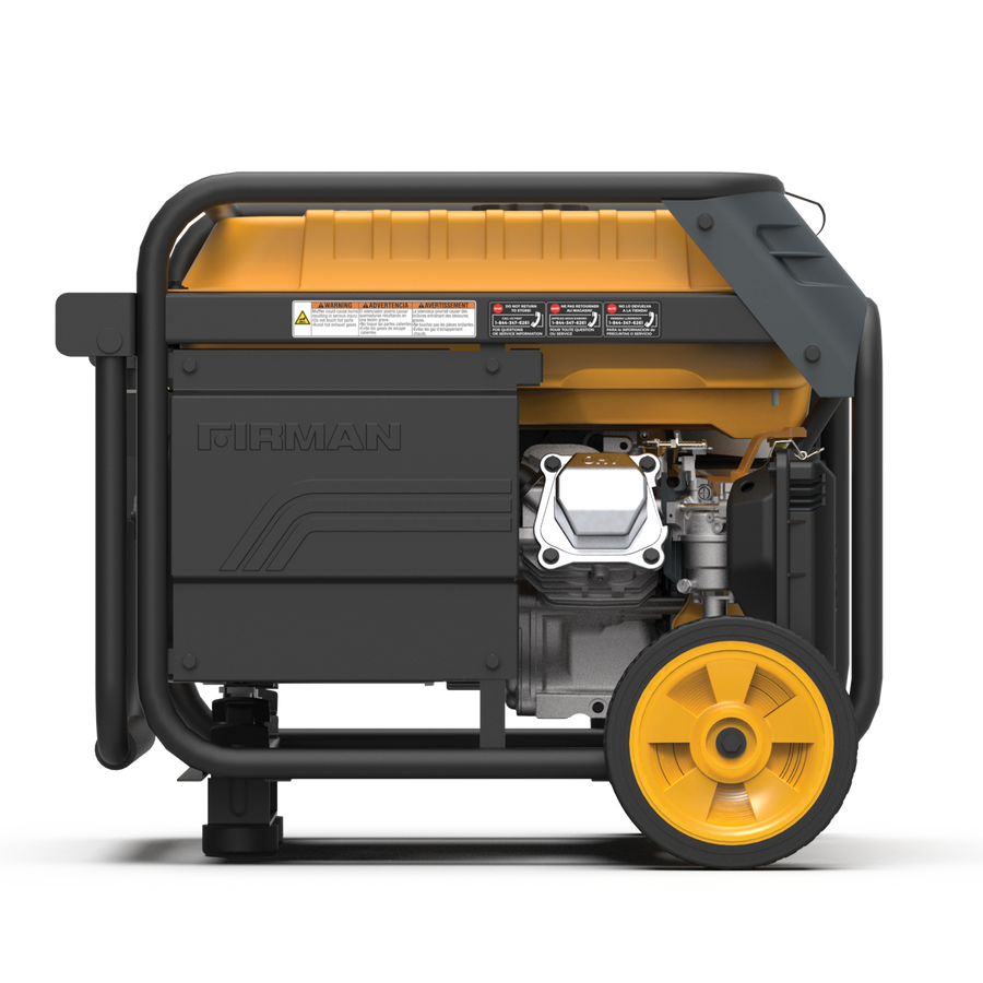 Portable FIRMAN Power Equipment Dual Fuel Generator 3650W Recoil Start with a black and yellow color scheme, featuring a pull-handle and electrical outlets, set against a white background.