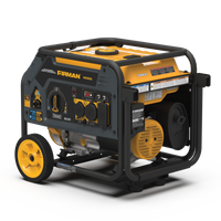 Portable FIRMAN Power Equipment Dual Fuel Portable Generator 3650W Recoil Start generator with a black and yellow color scheme, featuring multiple outlets and wheels for mobility.