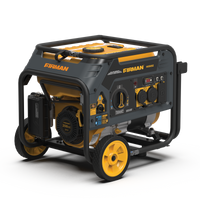 A FIRMAN Power Equipment Dual Fuel Portable Generator 3650W Recoil Start on wheels, featuring multiple outlets and controls on a blue and yellow panel, against a striped background.