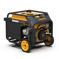 A portable FIRMAN Power Equipment Dual Fuel Portable Generator 3650W Recoil Start with yellow and black coloring, featuring wheels and visible control panel, against a striped background.