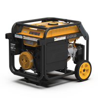 A FIRMAN Power Equipment Dual Fuel Portable Generator 3650W Recoil Start with a yellow and black color scheme, featuring sturdy wheels and a steel frame.