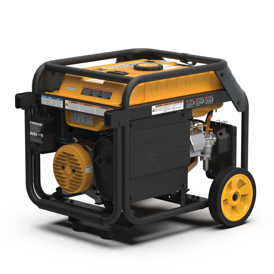 A FIRMAN Power Equipment Dual Fuel Portable Generator 3650W Recoil Start with a yellow and black color scheme, featuring sturdy wheels and a steel frame.