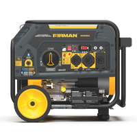 Black and yellow FIRMAN Power Equipment Dual Fuel 4550W Portable Generator Electric Start with CO Alert on a white background, featuring control panel and wheels.