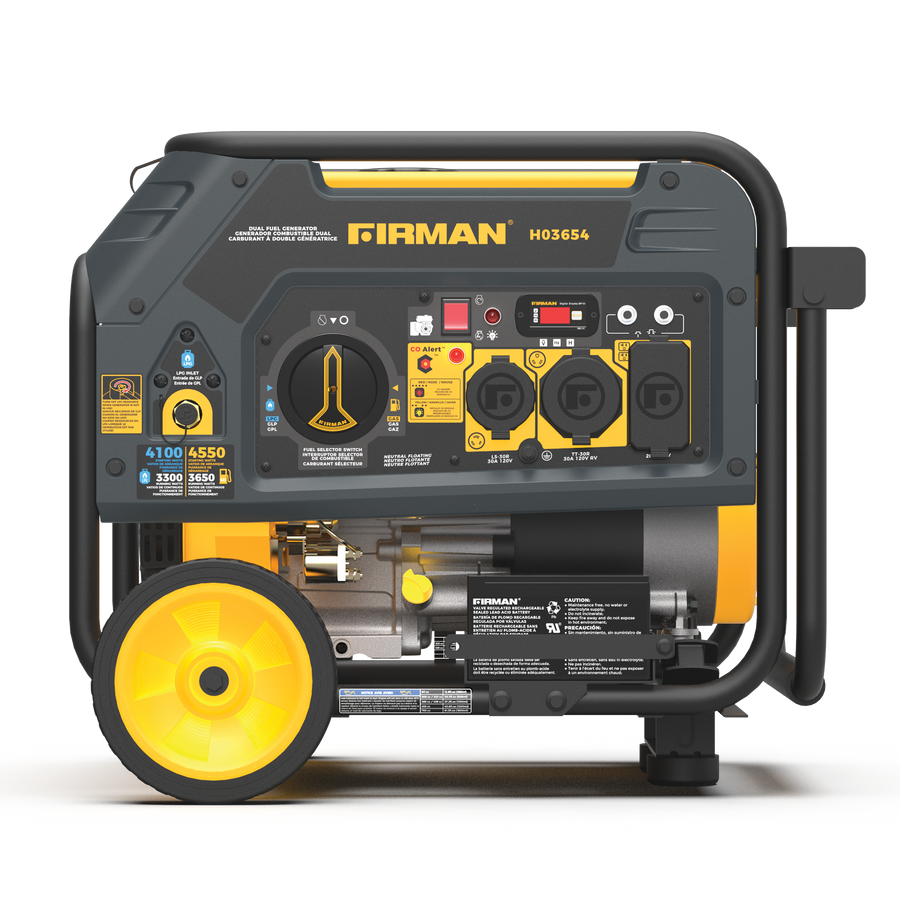 Black and yellow FIRMAN Power Equipment Dual Fuel 4550W Portable Generator Electric Start with CO Alert on a white background, featuring control panel and wheels.