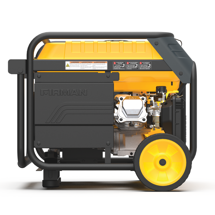 Portable FIRMAN Power Equipment dual fuel 4550W generator electric start with CO alert in yellow and black color, visible engine, and sturdy wheels, isolated on a white background.