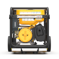 A FIRMAN Power Equipment portable Dual Fuel 4550W Generator Electric Start with CO Alert, with a visible engine and components, encased in a sturdy black frame with yellow accents.