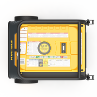 Top view of a yellow industrial FIRMAN Power Equipment Dual Fuel 4550W Portable Generator Electric Start with CO Alert generator with safety and chemical handling labels, featuring a black lid and sturdy handles.