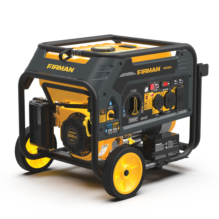 A portable FIRMAN Power Equipment Dual Fuel 4550W Portable Generator Electric Start with CO Alert on wheels, featuring multiple outlets and control panel, set against a white background.