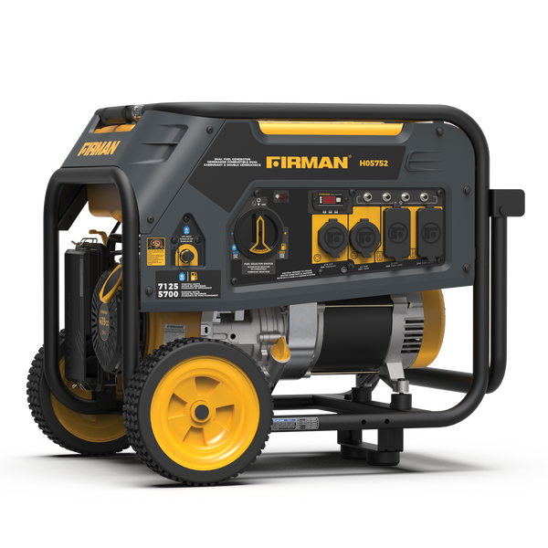 A black and yellow Dual Fuel 5700W Portable Generator Recoil Start 120/240V by FIRMAN Power Equipment with multiple outlets and a handle for easy transportation, mounted on two wheels. Perfect for backup power needs.