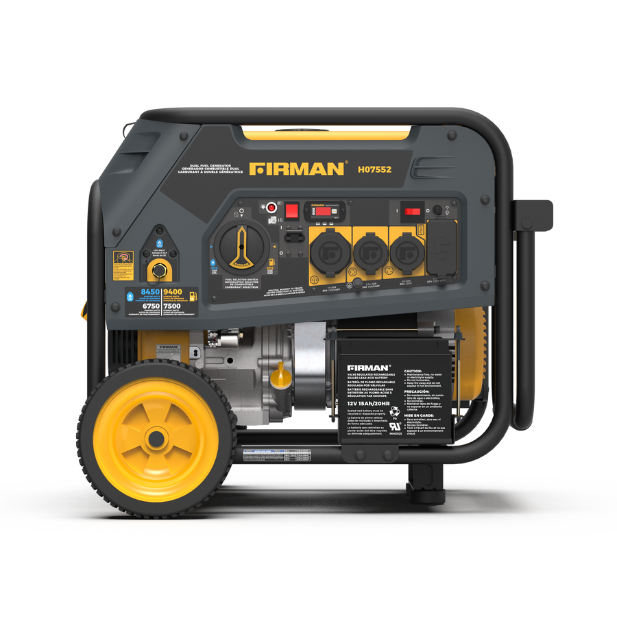 A FIRMAN Power Equipment Dual Fuel Portable Generator 7500W Electric Start 120/240V on a white background, featuring multiple outlets, control panel, and yellow wheels.