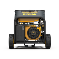 Portable standby generator on wheels with a yellow and grey color scheme, viewed from the front against a white background.(Product Name: Dual Fuel Portable Generator 7500W Electric Start 120/240V
Brand Name: FIRMAN Power Equipment)
