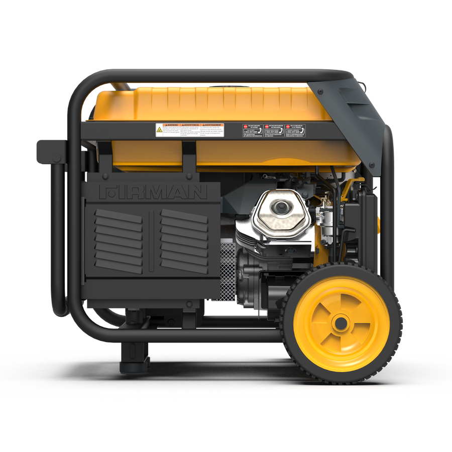 Portable FIRMAN Power Equipment dual fuel generator on wheels with visible engine and controls, isolated on a white background.